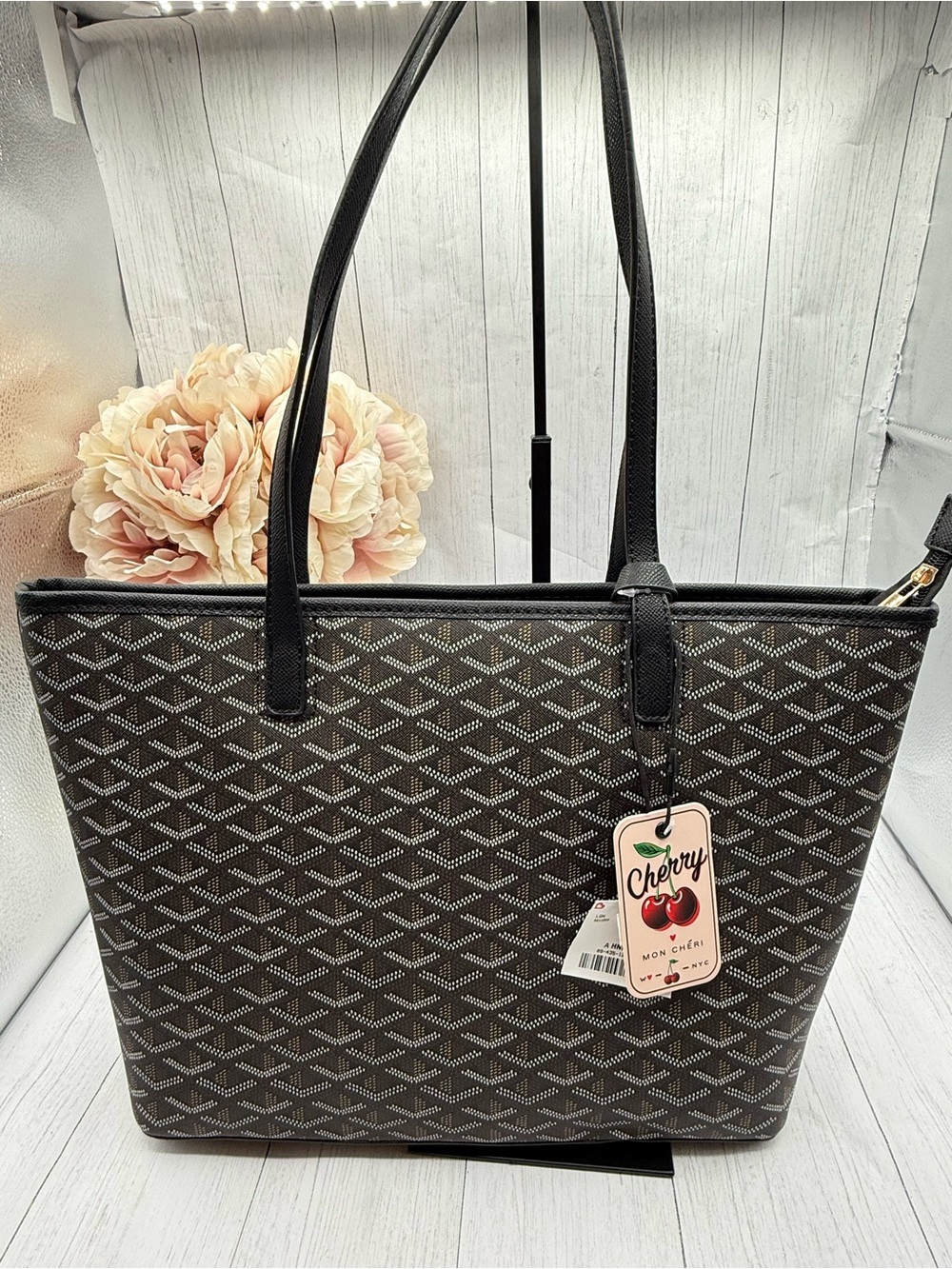 Viral Mon Cheri Black Cherry-Accent Geometric Tote Bag
